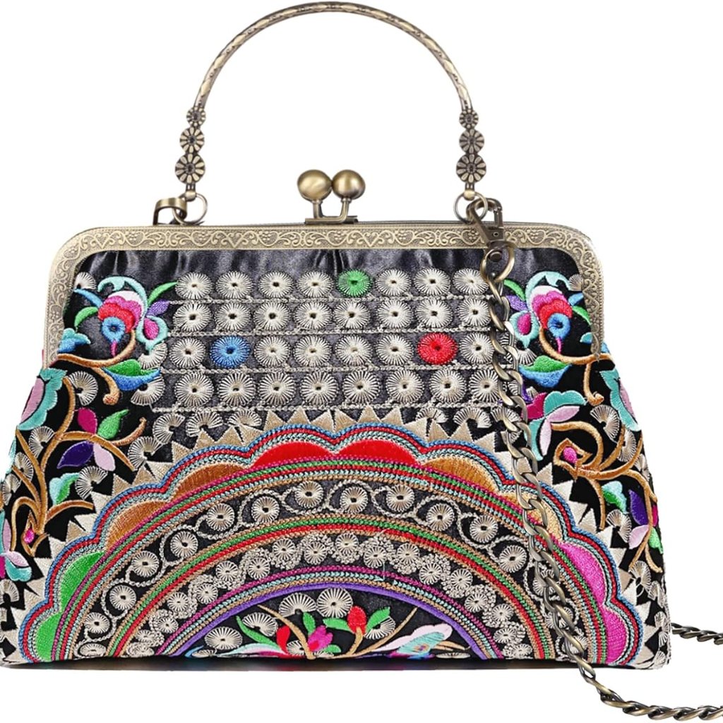 Floral Top-Handle Handbag, Kiss Lock Evening Bag For Women, Vintage Handbag